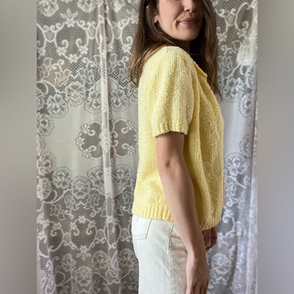 Vintage LeRoy Knitwear Acrylic Open Front Short Sleeve Yellow Cardigan - Picture 6 of 13